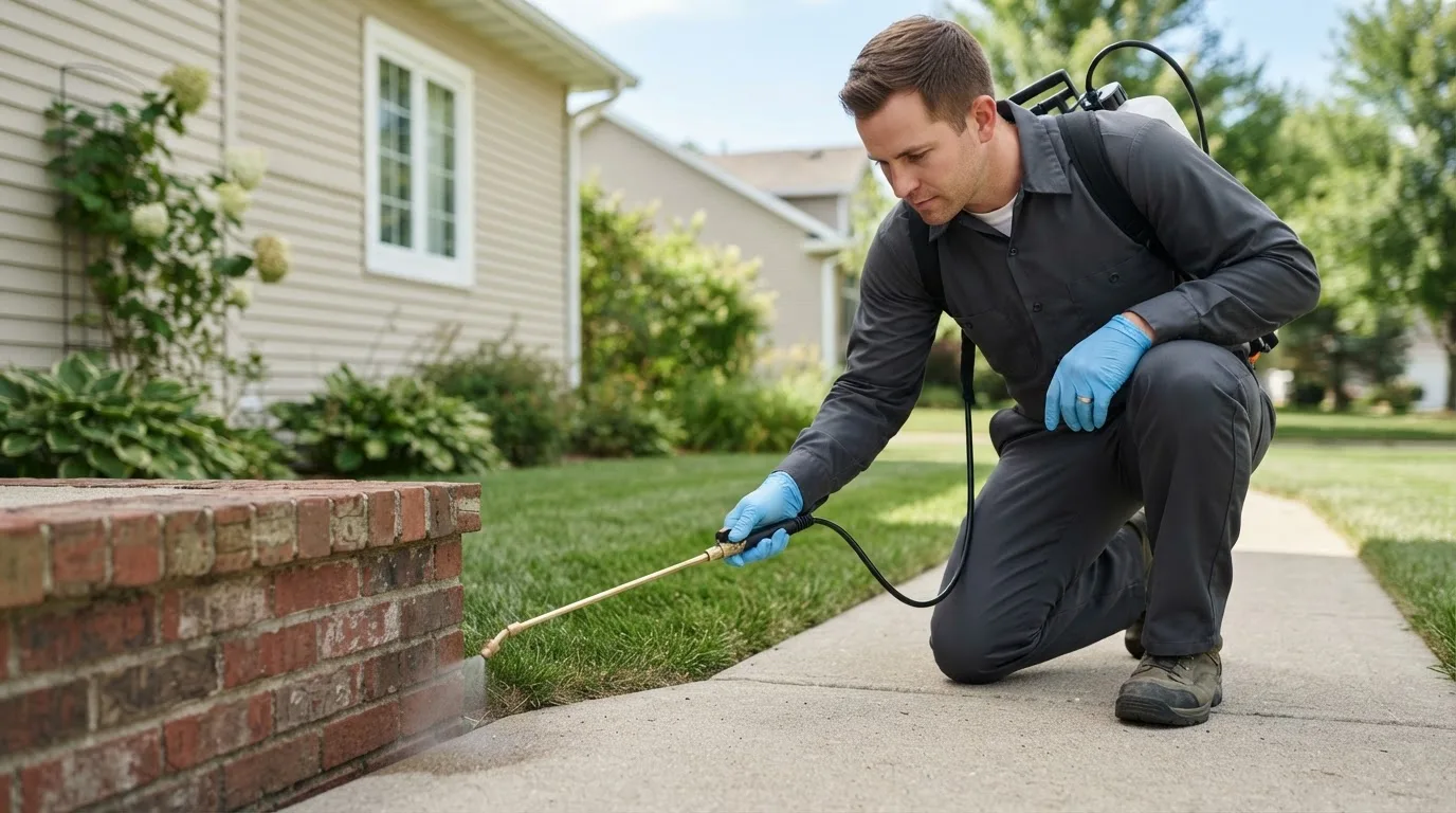 Pest control technician treating a home near Bismarck, ND
