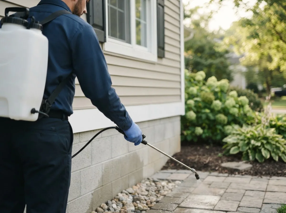 Pest control technician inspecting a home in Bismarck, ND